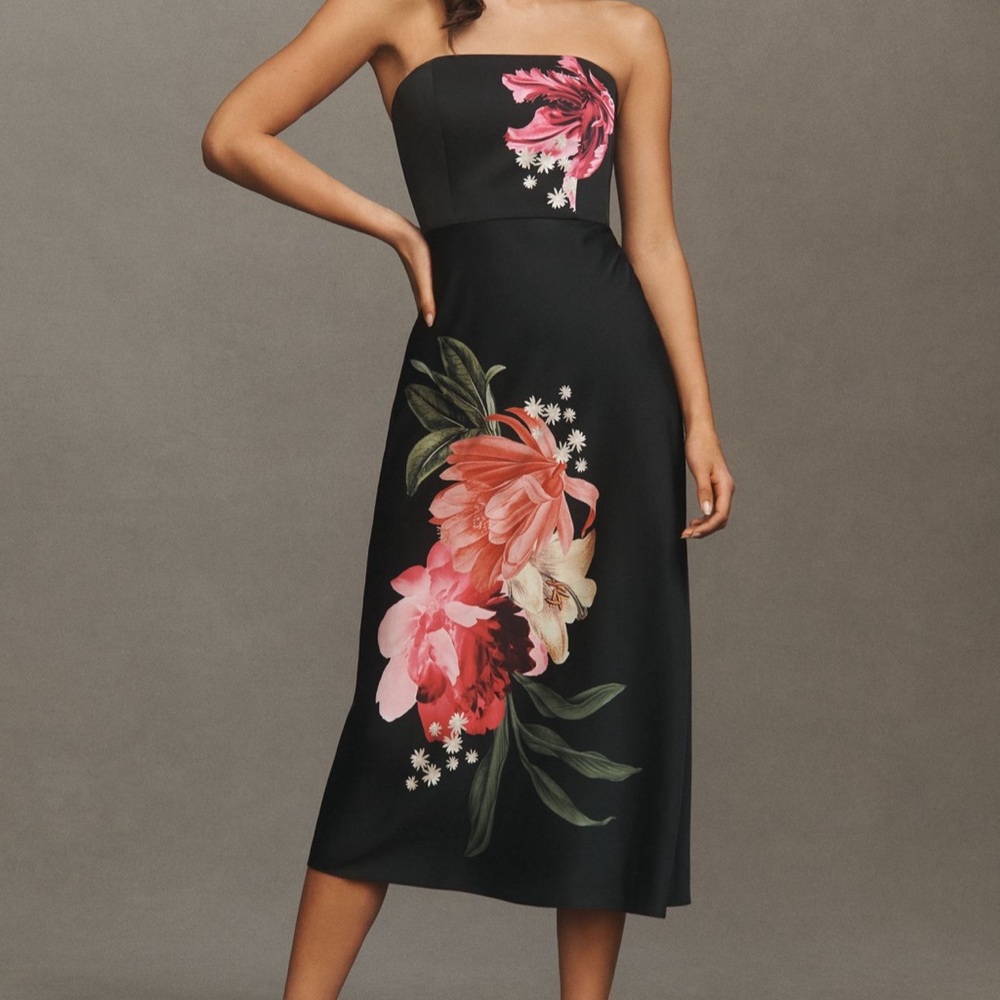 Anthropologie Black Floral Strapless Dress Eclipse Flora